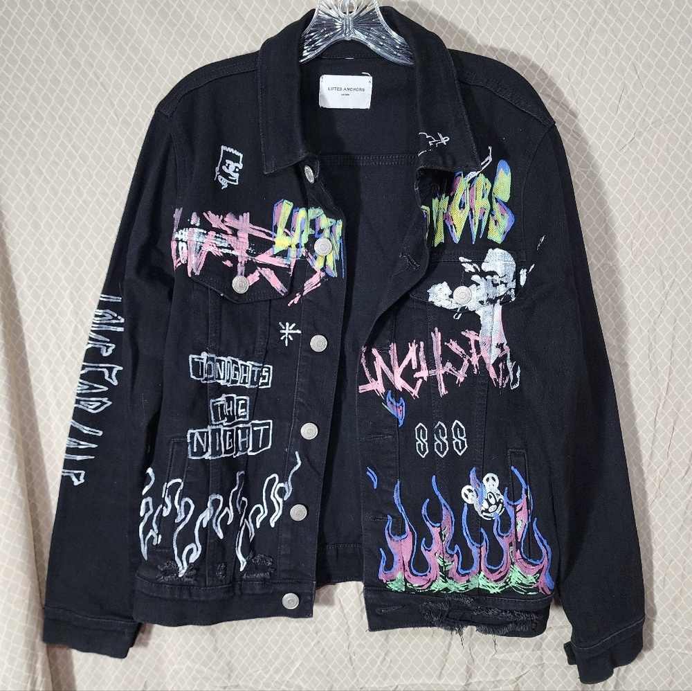 Lifted Anchor Distressed Black Graphic Women's Denim Jacket Medium